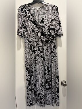 Chaus Faux Wrap Black & White Paisley Midi Dress L